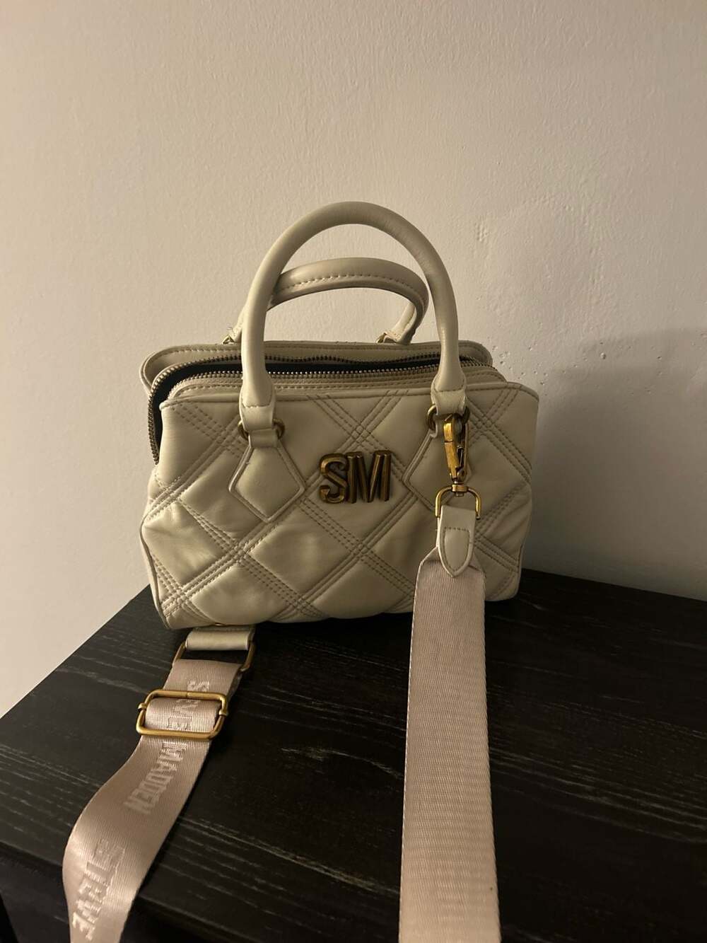 Steve Madden Bmickey Quilted Logo Plaque Satchel with Crossbody Strap in Vanilla - Picture 8 of 9